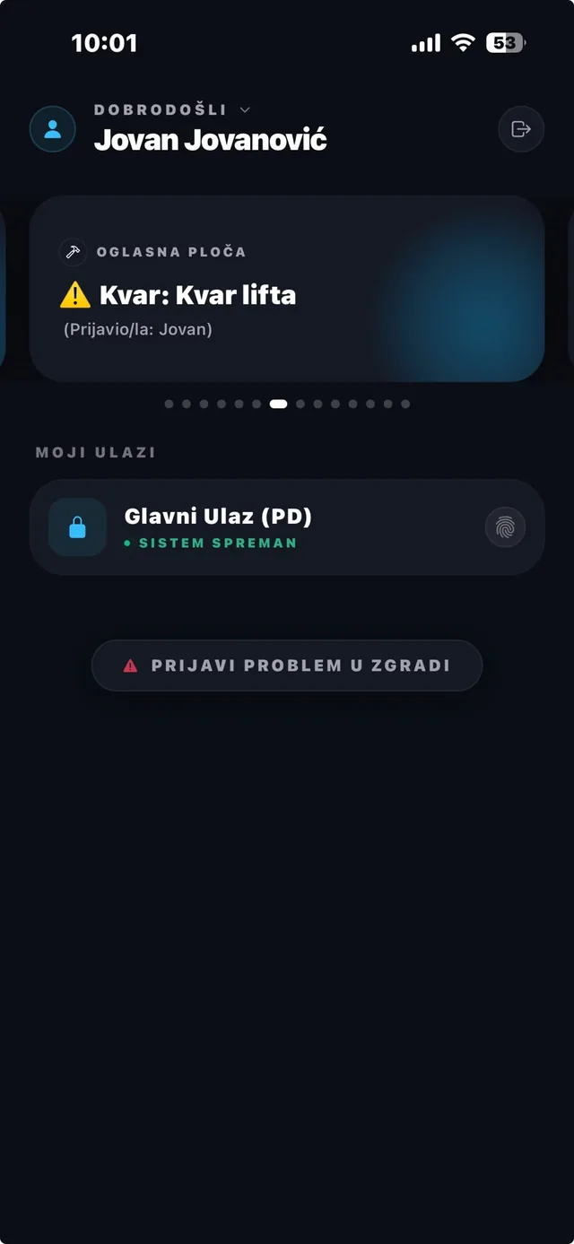 Screenshot BRAVO mobilne aplikacije: oglasna ploča zgrade sa prijavom kvara, digitalni ključ za glavni ulaz sa statusom Sistem spreman i dugme za prijavu problema u zgradi